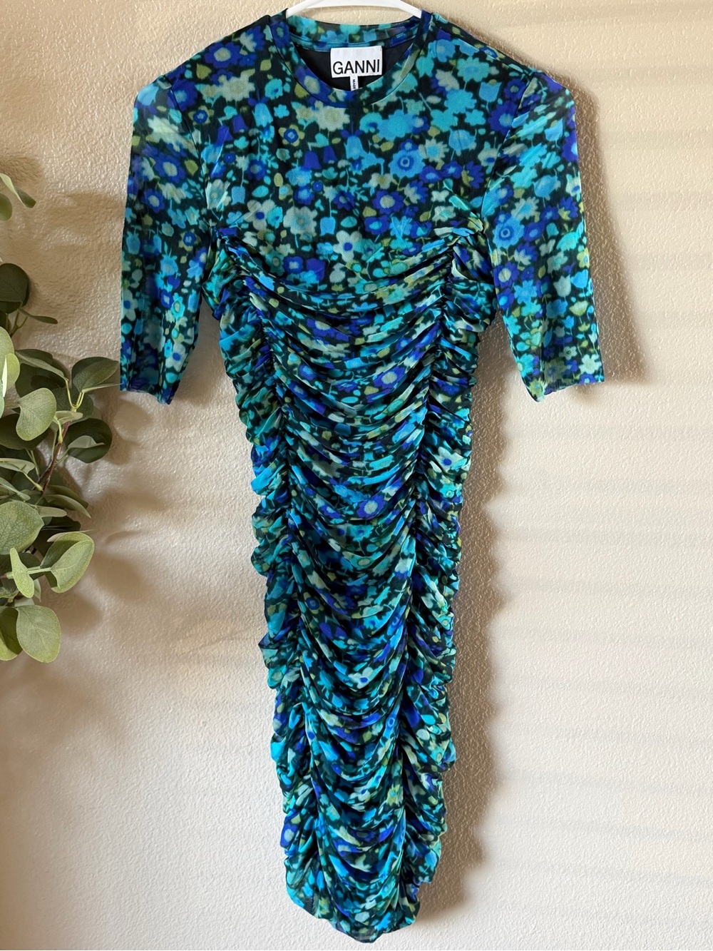 Ganni Blue and Green Floral Ruched Midi Dress